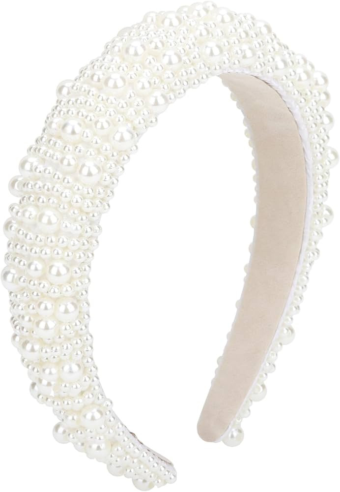 ACO-UINT Pearl Headband for Women, White Faux Pearl Hairband Bridal Headband, Padded Headband Wed... | Amazon (US)