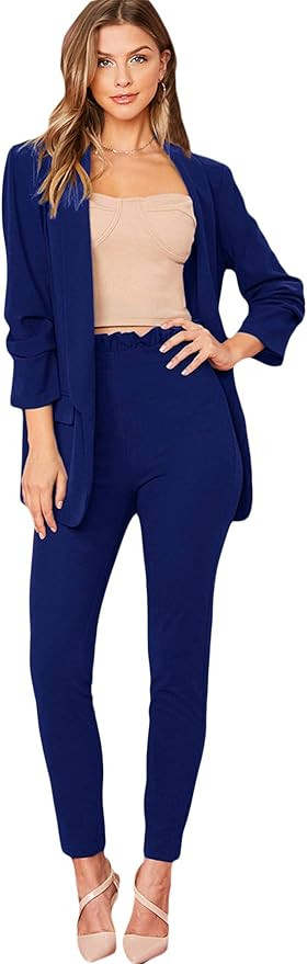 SheIn Women's Two Piece Open Front Long Sleeve Blazer and Elastic Waist Solid Pant Set Suit | Amazon (US)