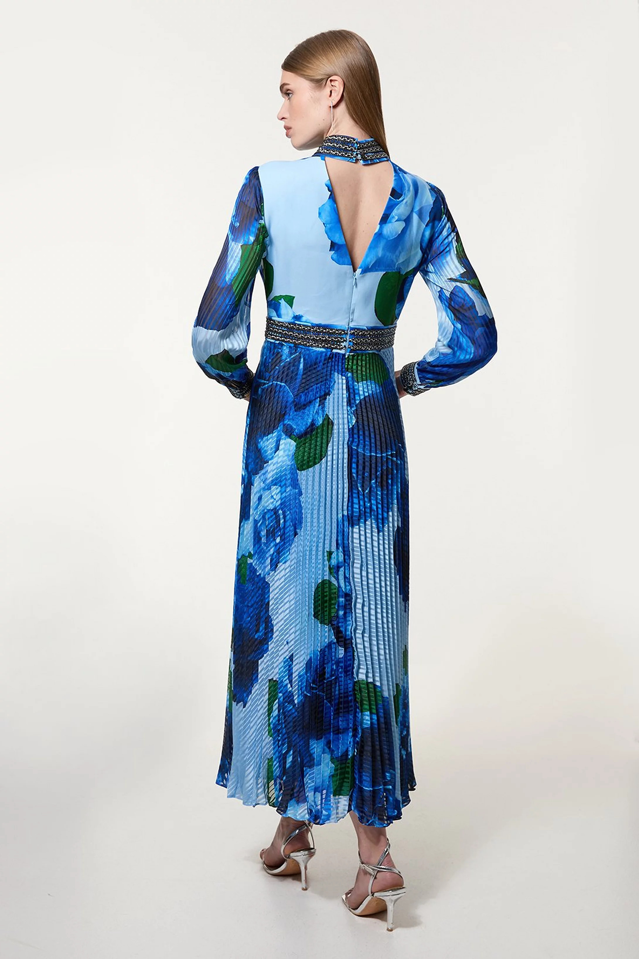 Diamante Trim Delicate Rose Woven Maxi Dress | Karen Millen UK + IE + DE + NL