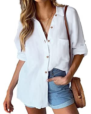 Hotouch Womens Cotton Button Down Shirt Casual Long Sleeve Loose Fit Collared Linen Work Blouse T... | Amazon (US)