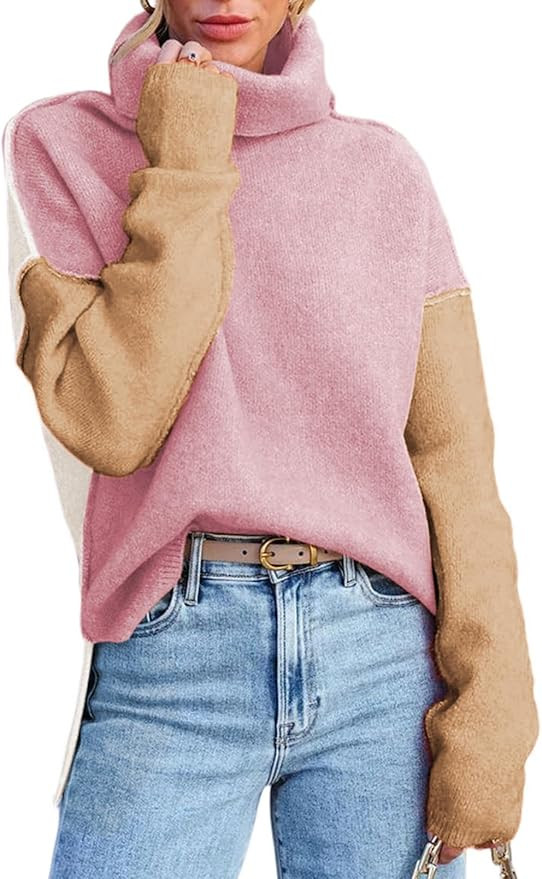 Dokotoo Womens Turtleneck Sweaters Casual Long Sleeve Color Block Side Slit Pullover Knit Jumper ... | Amazon (US)