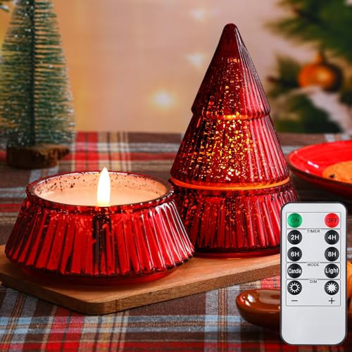 Conelist Red Mercury Glass Christmas Tree Candle Flameless Battery Operated Candles LED Lights with Remote Tabletop Centerpiece Home Decoration for Holiday Winter Gift | Amazon (US)