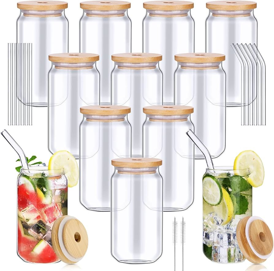 12 Pack Beer Can with Bamboo Lids and Straw 16 oz Drinking Glasses Can Tumbler Glass Cups Reusabl... | Amazon (US)