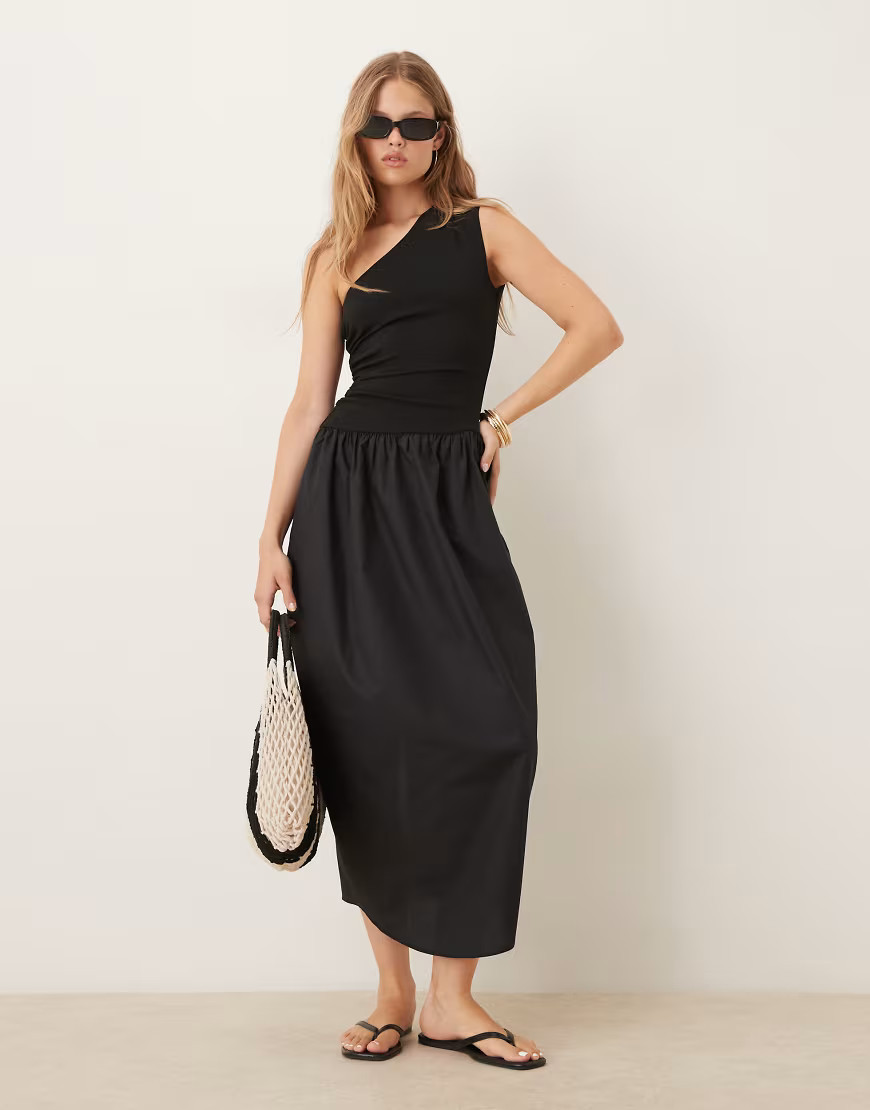 ASOS DESIGN one shoulder bubble hem midi dress in black | ASOS (Global)