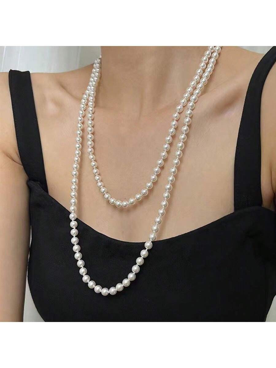 1pc 8mm X 150cm Classic White Cultured Pearl Long Necklace, Women Sweater Chain | SHEIN