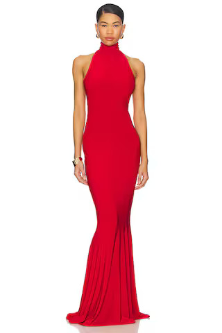Norma Kamali x REVOLVE Halter Turtle Fishtail Gown in Tiger Red from Revolve.com | Revolve Clothing (Global)