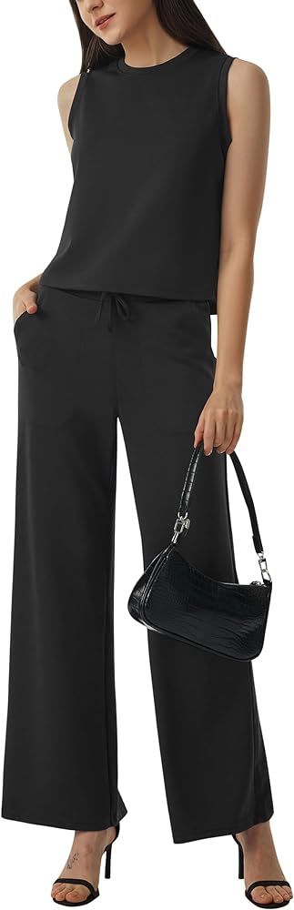 AFITNE Women's 2 Piece Outfits Air Essentials Sleeveless Tank Crop Top Wide Leg Sweatpants Lounge... | Amazon (US)