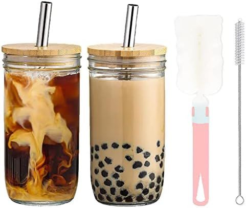 24 oz Reusable Tumbler with Straw and Lid, Glass Tumblers, Smoothie Cups, Boba Bubble Tea Jars, W... | Amazon (CA)