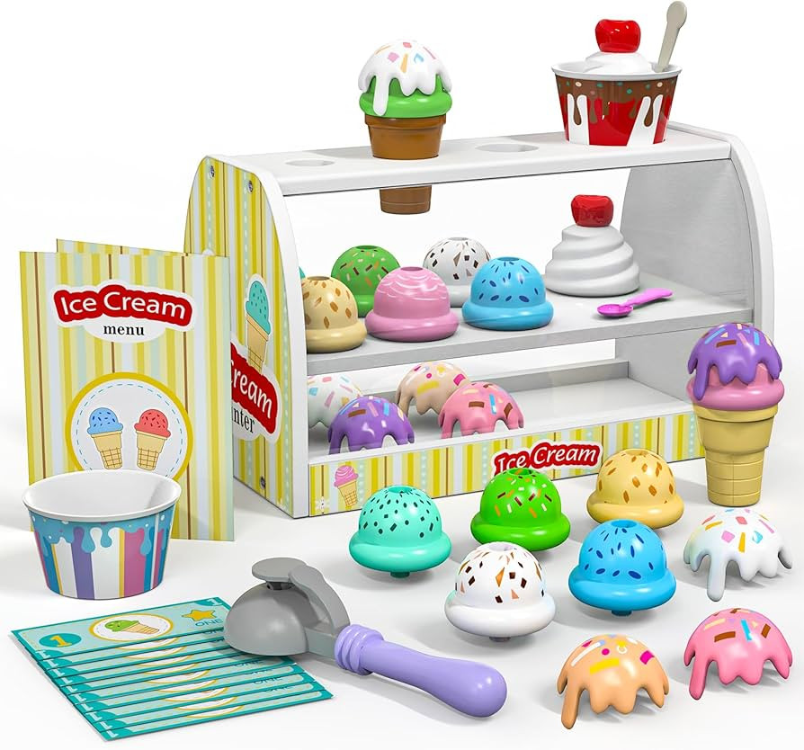 Ice Cream Toy for Kids - Toys for 3 4 Year Old Girls, Wooden Ice Cream Counter Shop Pretend Play ... | Amazon (US)