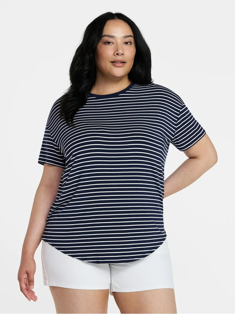 Time and Tru Women's Crewneck Tunic Tee with Short Sleeves, Sizes XS-XXXL | Walmart (US)