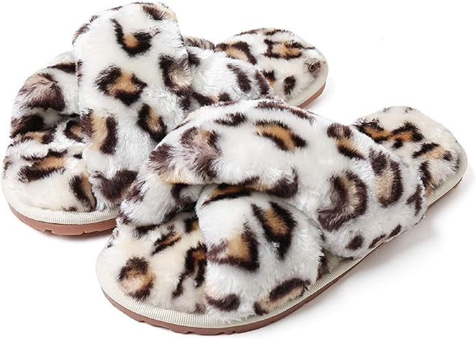 Husmeu Women's Cross Band Fuzzy Slippers Open Toe Comfy Soft Plush Rubber Sole House Shoese Indoo... | Amazon (US)