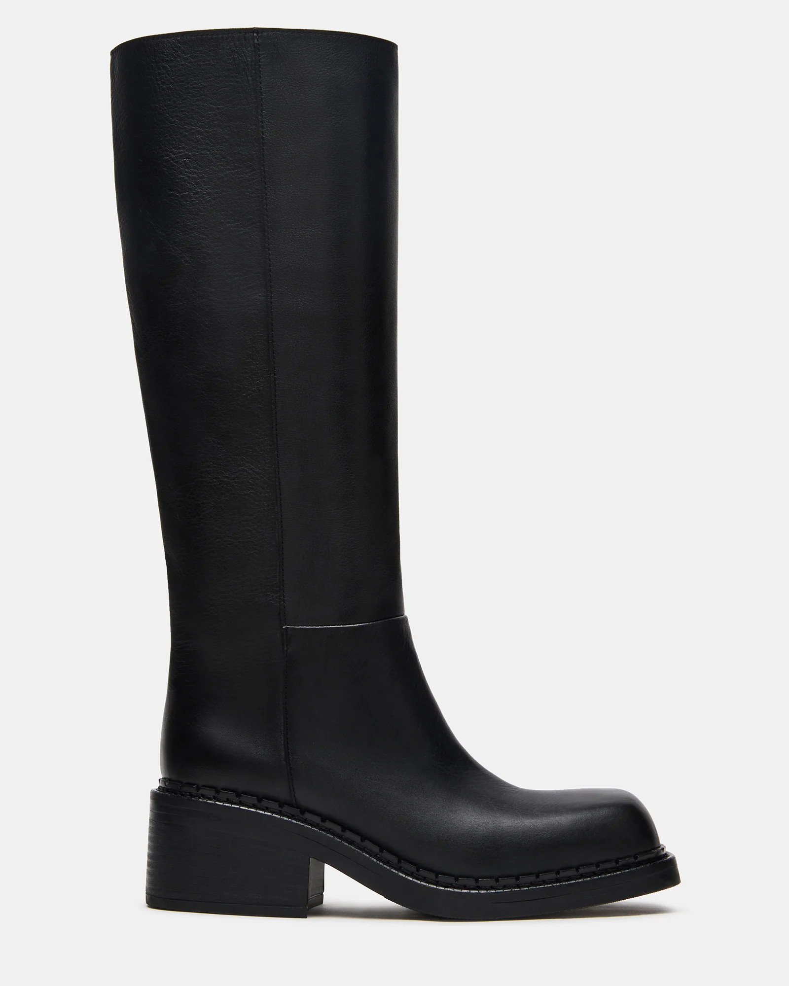 DAVOS Black Leather Square-Toe Knee High Block Heel Women's Boot | Steve Madden (US)