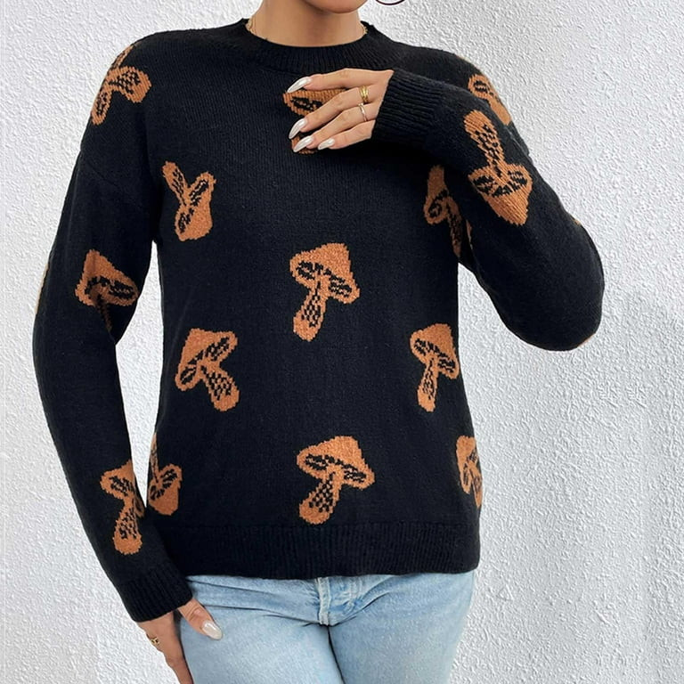 Guzom Womens Mushroom Print Fall Winter Long Sleeve Cowl Neck Casual Pullover Sweaters Black | Walmart (US)