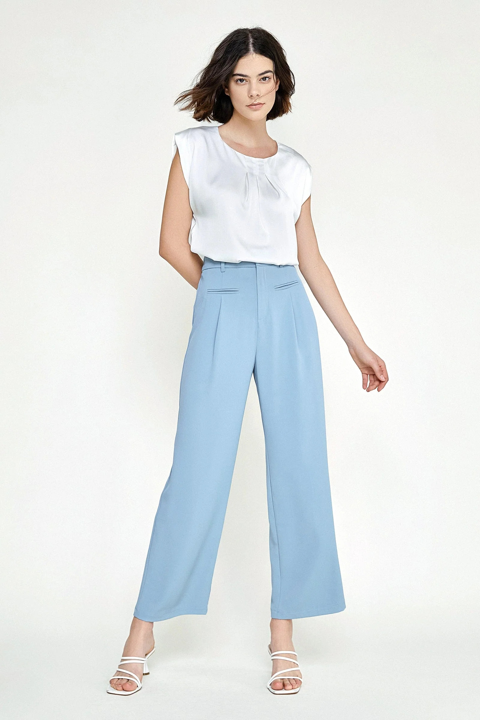 Steel Blue Welt Pocket Wide Leg Suit Pants | J.ING