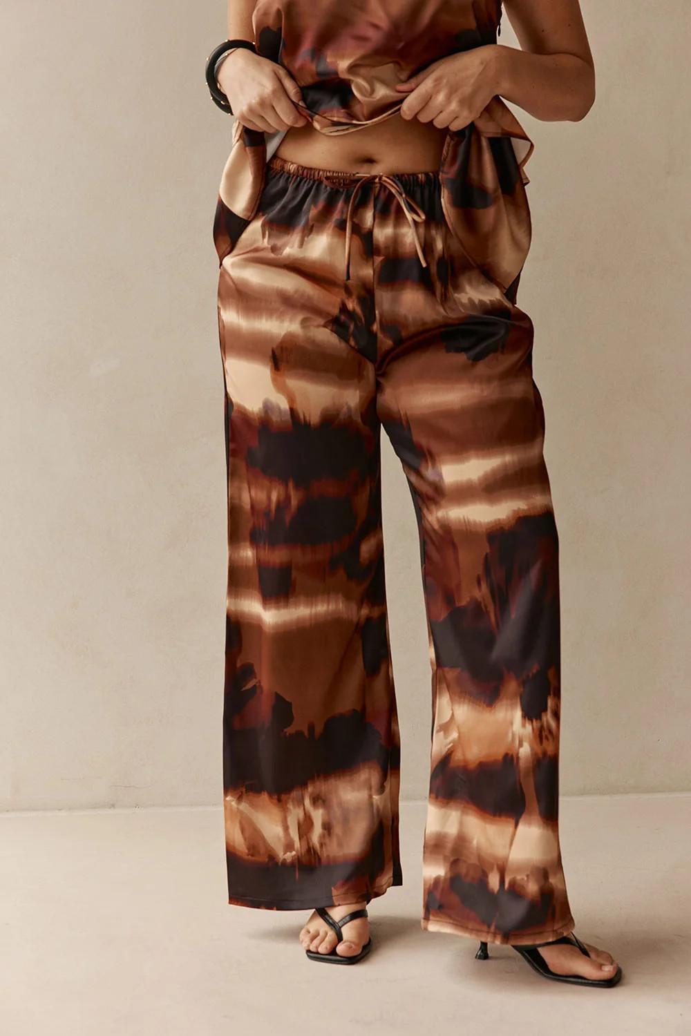 Brown Mirage Bloom Print Satin Elastic Drawstring Fabi Pants | Sabo Skirt US