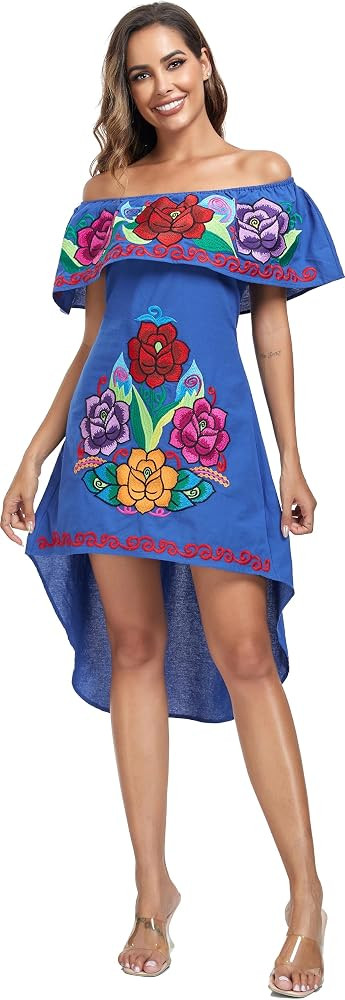 Womens Mexican Floral Embroidered Off Shoulder Party Dress Boho Beach Dress | Amazon (US)