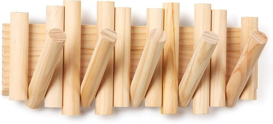 Wall Mounted Coat Rack with 5 Foldable Hooks, Space-Saving Natural Wood Storage Organizer for Ent... | Amazon (US)