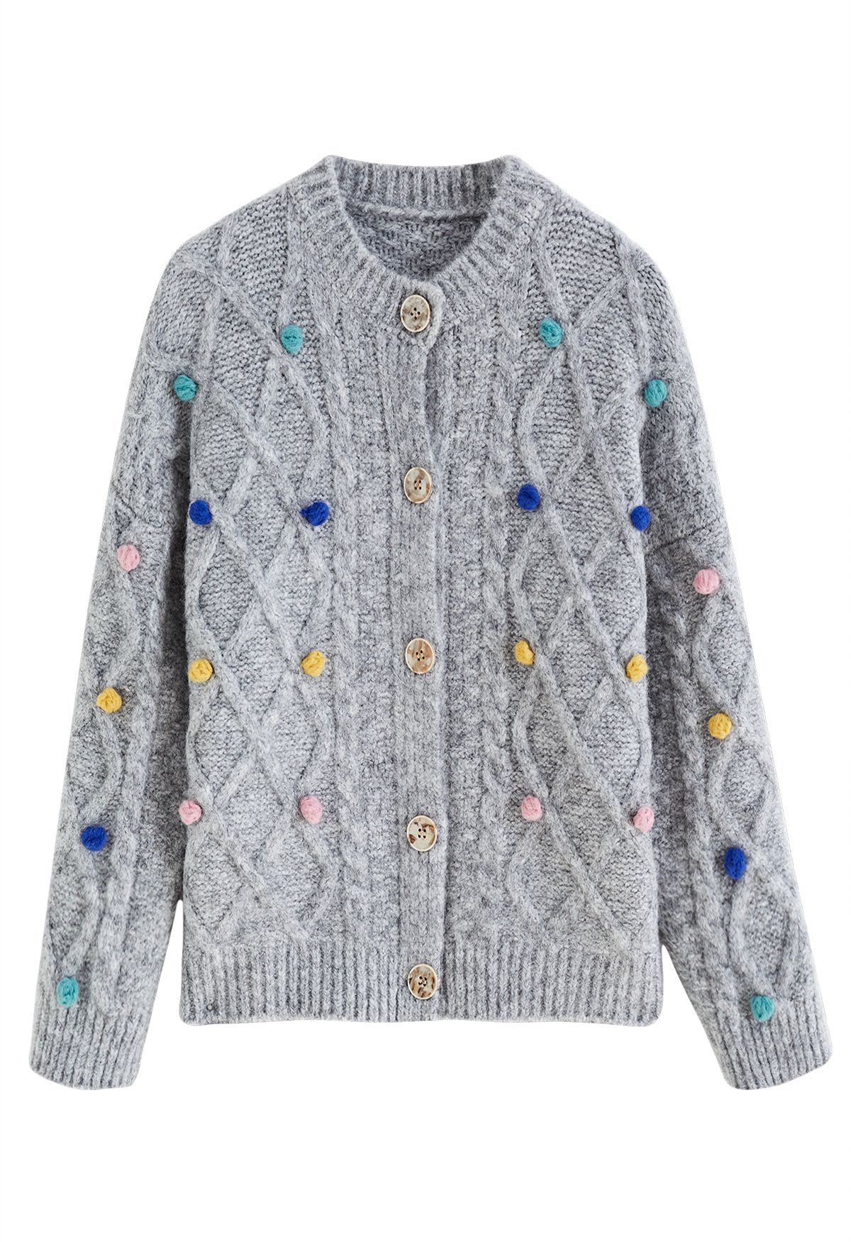 Colorful Pom-Pom Diamond Knit Cardigan in Grey | Chicwish