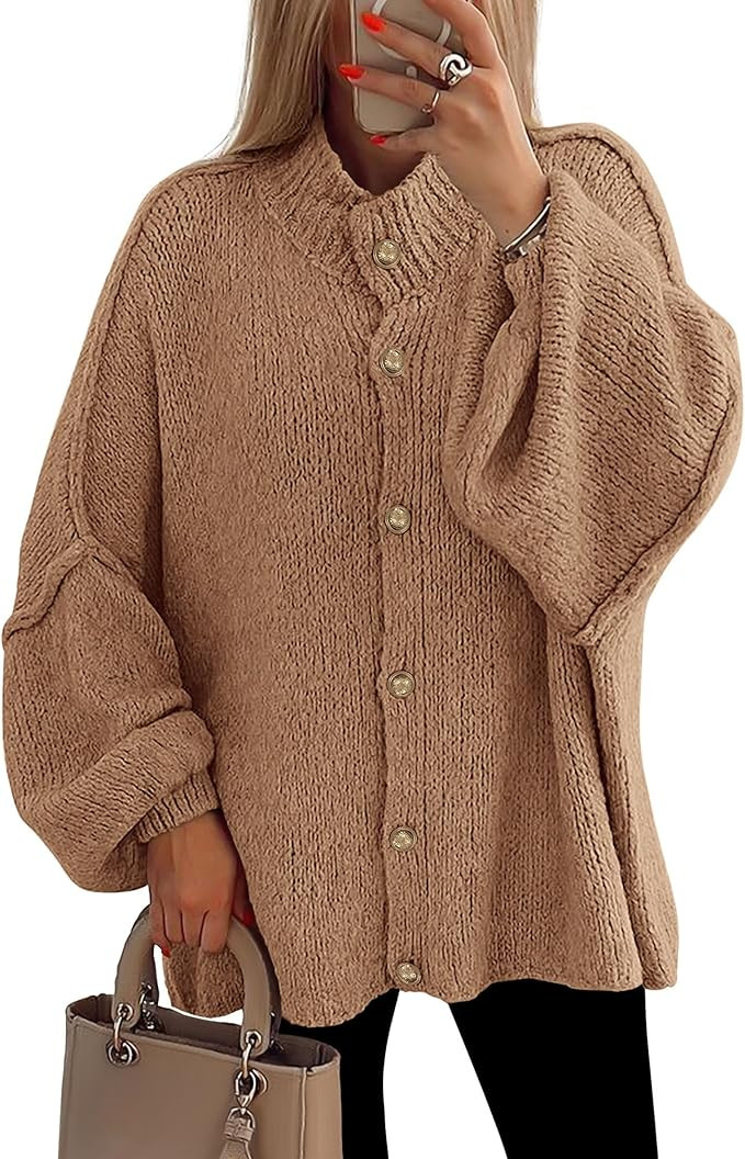 PRETTYGARDEN Women's Winter Button Down Cardigan Sweaters Mock Neck Lantern Long Sleeve Chunky Kn... | Amazon (US)