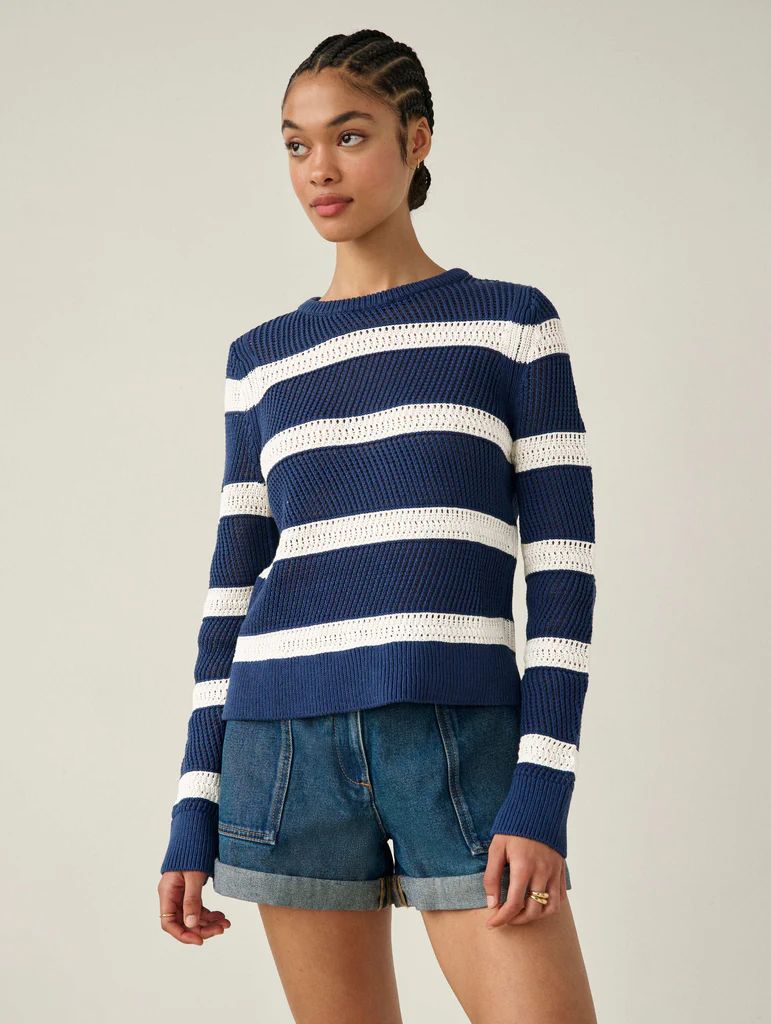 Cotton Striped Mesh Crewneck | White and Warren