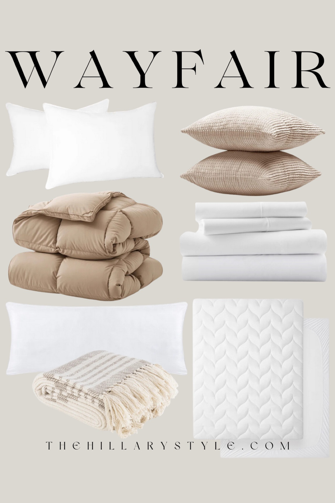 Wayfair Bedding Essentials: mattress topper, sheet set, comforter, throw pillows, bedroom pillows, throw blanket, body pillow.

#LTKHome #LTKxWayfair #LTKSeasonal