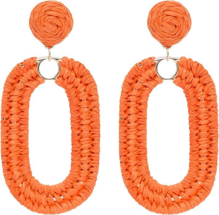 Raffia Oval Earrings for Women - Boho Woven Rattan Earrings for Summer Beach - Tropical Vacation ... | Amazon (US)