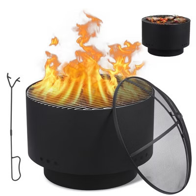 TackView 26" Large Fire pits for Outside Wood Burning with Fireproof Mesh Cover & BBQ Grill, for Backyard, Camping, BBQ, Black | Target