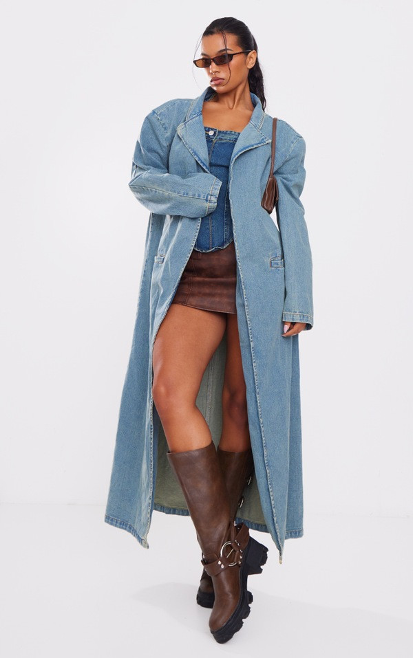 Mid Blue Wash Denim Maxi Coat | PrettyLittleThing US