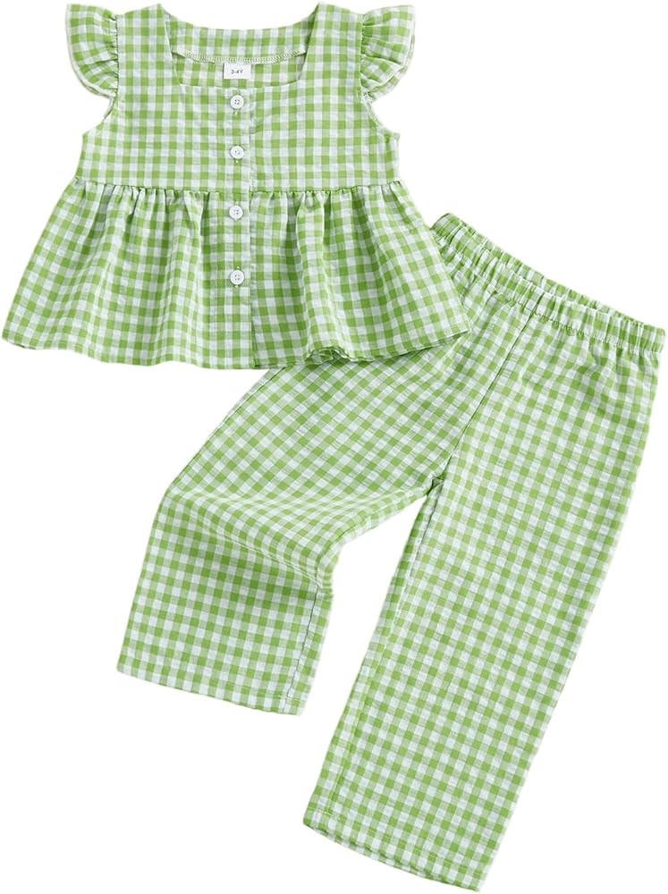 Thorn Tree Girls Summer Outfits Ruffle Sleeve Button Up Dress Tops Plaid Linen Pants Spring Toddl... | Amazon (US)