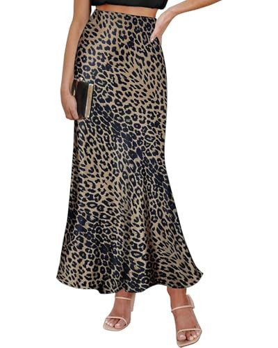 Amy Babe Satin Maxi Skirt Elastic High Waisted Silk A-Line Casual Elegant Flowy Long Skirts for Women Leopard Brown (Small) | Amazon (US)