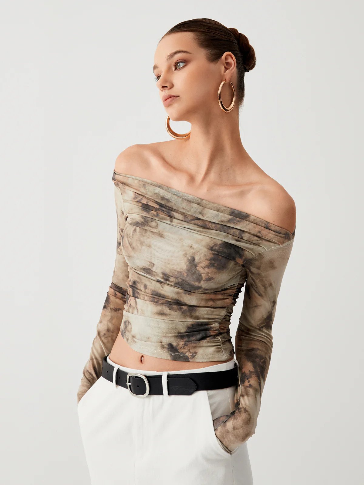 Semi-Sheer Tulle Mesh Off Shoulder Long Sleeve Crop Top | Commense