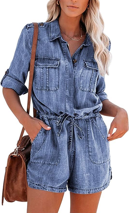 Paintcolors Women's Long Sleeve Button Down Pockets Belted Washed Denim Jumpsuits Rompers | Amazon (US)