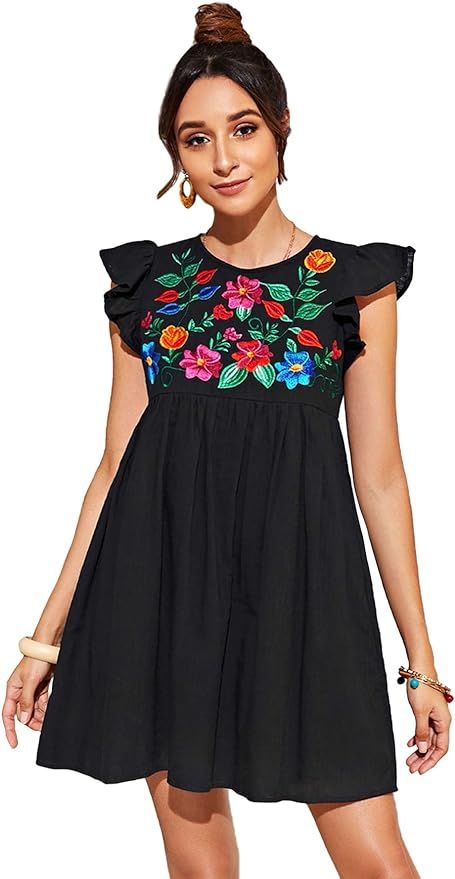 Floerns Women's Summer Floral Embroidery Dress Ruffle Sleeve Round Neck Smock Short Dress | Amazon (US)