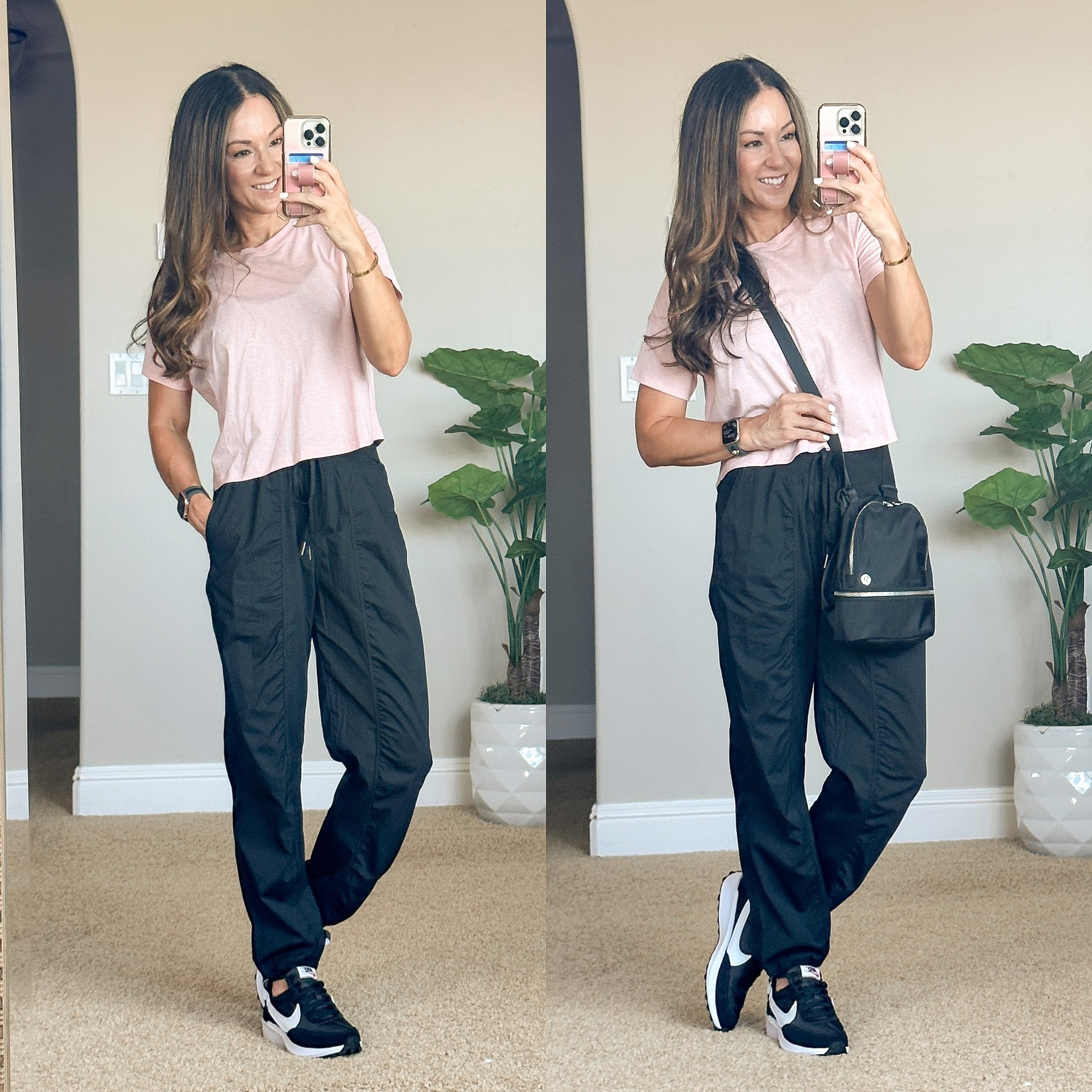 Sale on Joggers 10% off & Sneakers (on sale + save 20% code  SCHOOL20 + free shipping | Activewear style athleisure outfit | nylon joggers small (tad big on me, I’m typically an XS) | crop top xs cinnamon ash | bee apple watchbands | the best no show socks | Nike waffle debut black sneakers go up a 1/2 size. Mom style | workout clothes

#LTKunder50 #LTKFitness #LTKsalealert