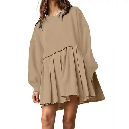 LTTVQM Crewneck Sweatshirt Dress Women Oversized Sweatshirt Dress Long Sleeve Crewneck Casual Pullover Tops Solid Color Pleated Patchwork Sweatshirt Mini Dress Khaki M | Walmart (US)