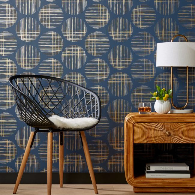 Cross Hatch Circles Gold and Navy Wallpaper | CB2