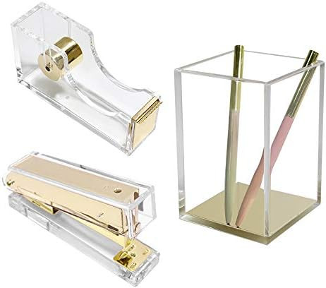Clear Gold Desk Accessories Organizer Set Tape Dispenser Stapler Staples Pen Organization Pencil Hol | Amazon (US)
