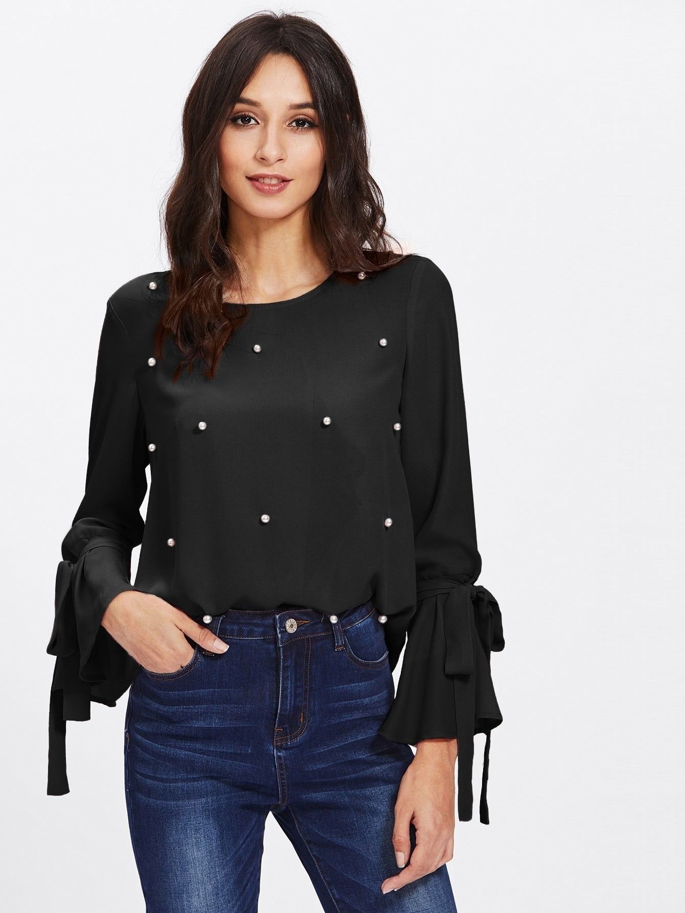 Pearl Embellished Bow Tied Bell Cuff Blouse | SHEIN