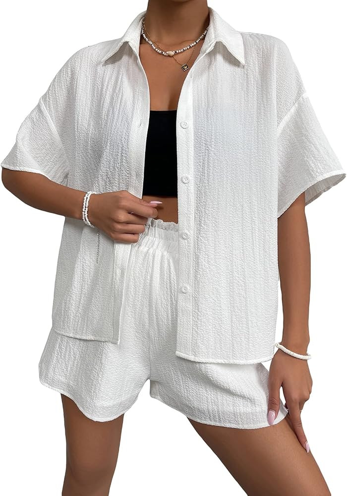 WDIRARA Women's 2 Piece Outfit Button Front Short Sleeve Collar Shirt and Shorts Set | Amazon (US)