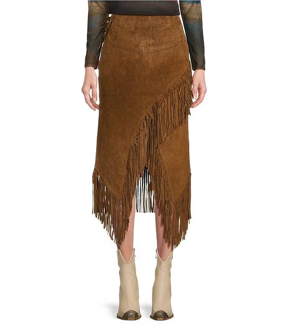 Scully Western Suede Leather High Rise Wrap Fringe Midi Skirt | Dillard's | Dillard's