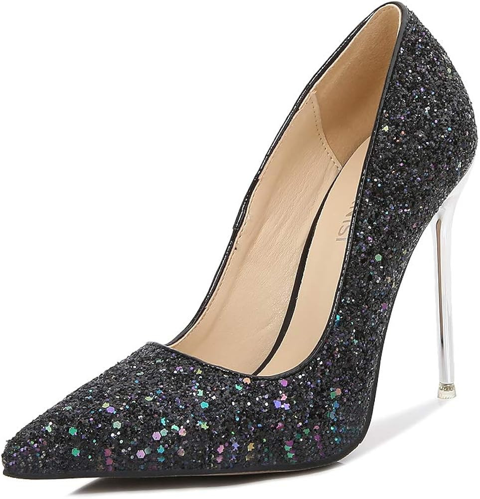 MAIERNISI JESSI Women's Glitter Pumps Pointed Toe Stiletto High Heels Slip On | Amazon (US)
