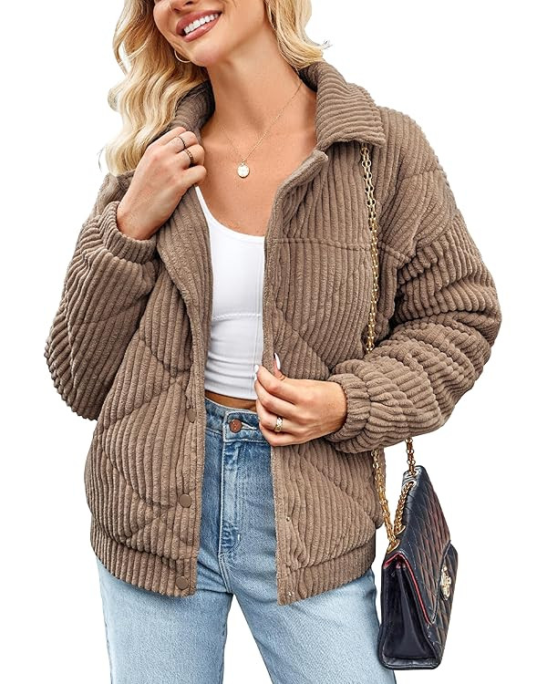 Angashion Women's Bomber Jacket Corduroy Ribbed Quilted Zip Up Long Sleeve Winter Coat Fall Outer... | Amazon (US)