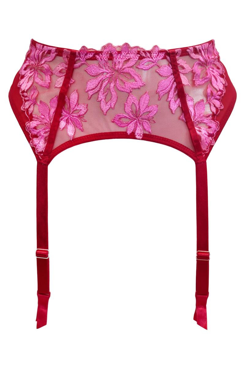 Roxie Embroidered Suspender - Red/Pink | Pour Moi