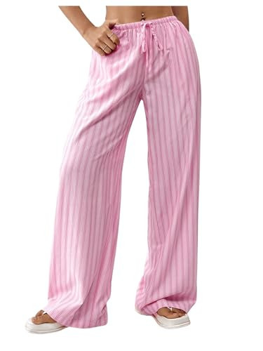 OYOANGLE Women's Striped Elastic Waist Tie Front Straight Leg Pants Y2K Lounge Trousers Pink Small | Amazon (US)