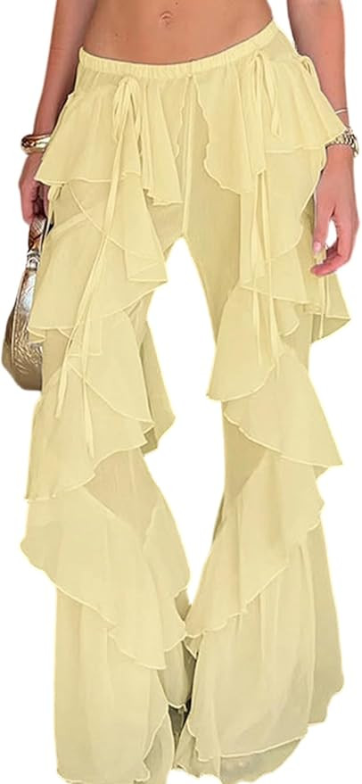 LETSVDO Women Ruffle Chiffon Pants Elastic Waist Wide Leg Flare Mesh Sheer Layered Bell Bottom Pa... | Amazon (US)