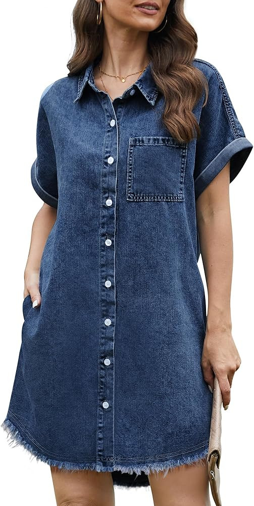 Denim Dress for Women Midi Jean Shirt Dresses Button Down Short Sleeve Summer Womens Jeans Babydo... | Amazon (US)