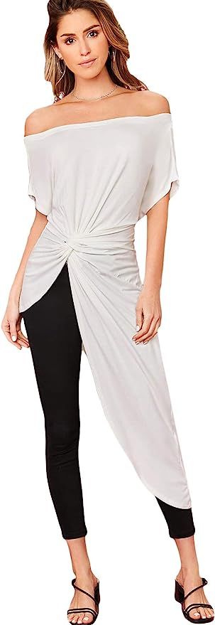 SheIn Women's Elegant Asymmetrical Twist Front Off Shoulder Top Plain High Low Blouse | Amazon (US)