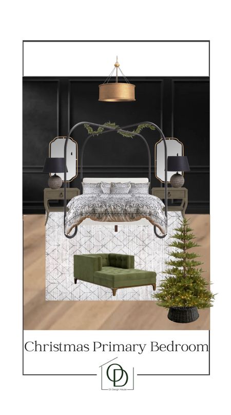 A Primary Bedroom that’s moody and festive! 

Complete with a modern canopy bed, floating gold mirrors, an extra large chaise lounges chair, Artificial Christmas Tree, neutral rug, wide nightstands and oak flooring. 

#wayfair #jossandmain #rugsusa #target #oka #crateandbarrel