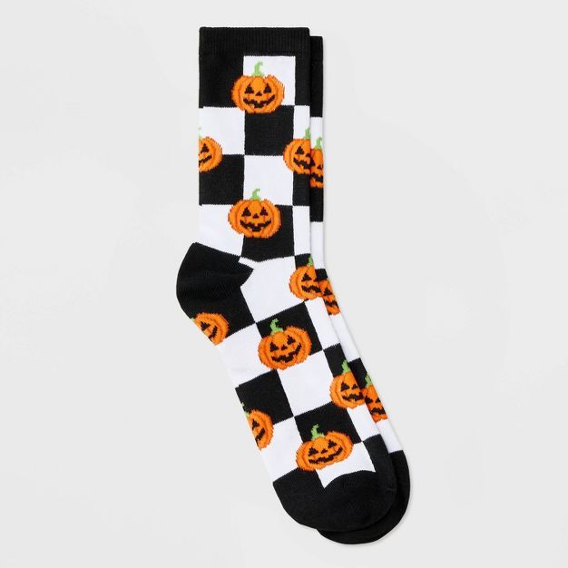 Women's Checkered Jack-O-Lantern Halloween Crew Socks - Hyde & EEK! Boutique™ Black/White 4-10 | Target