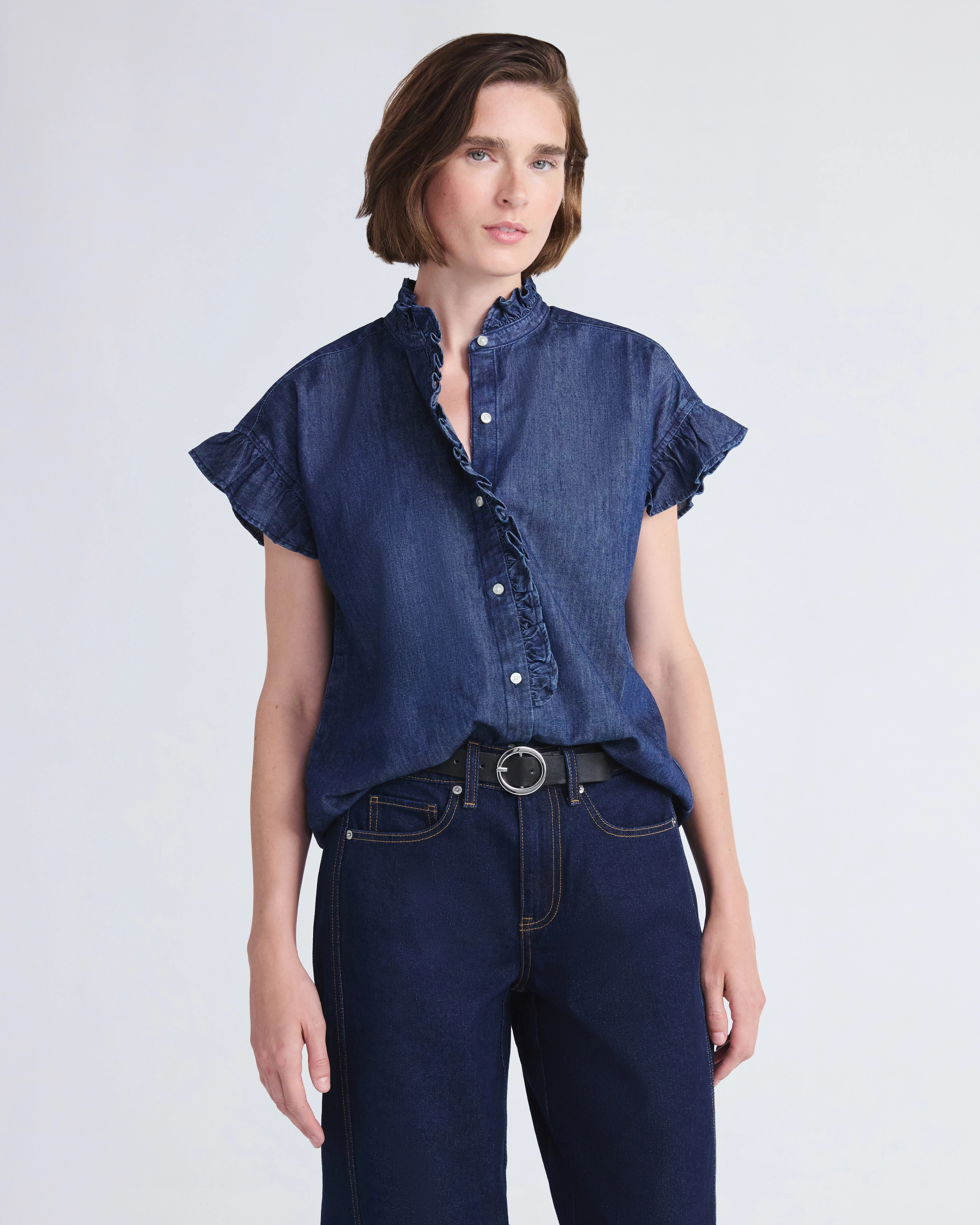 Free Assembly Women's and Women's Plus Ruffle Trim Neck Top with Short Sleeves, Sizes XS-4X | Walmart (US)